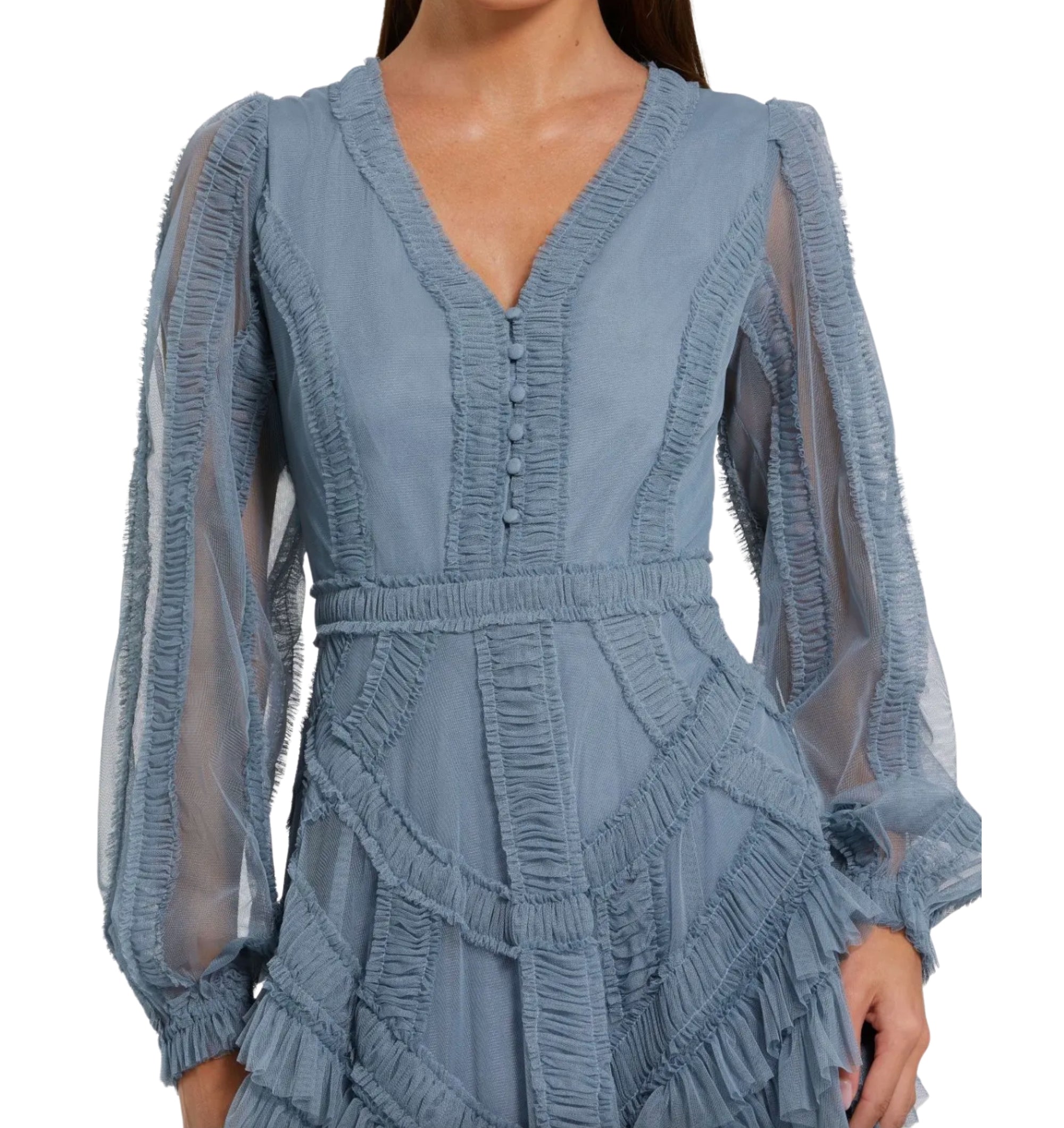 Blue Long Sleeve V-Neck Micro Ruffle Midi Dress