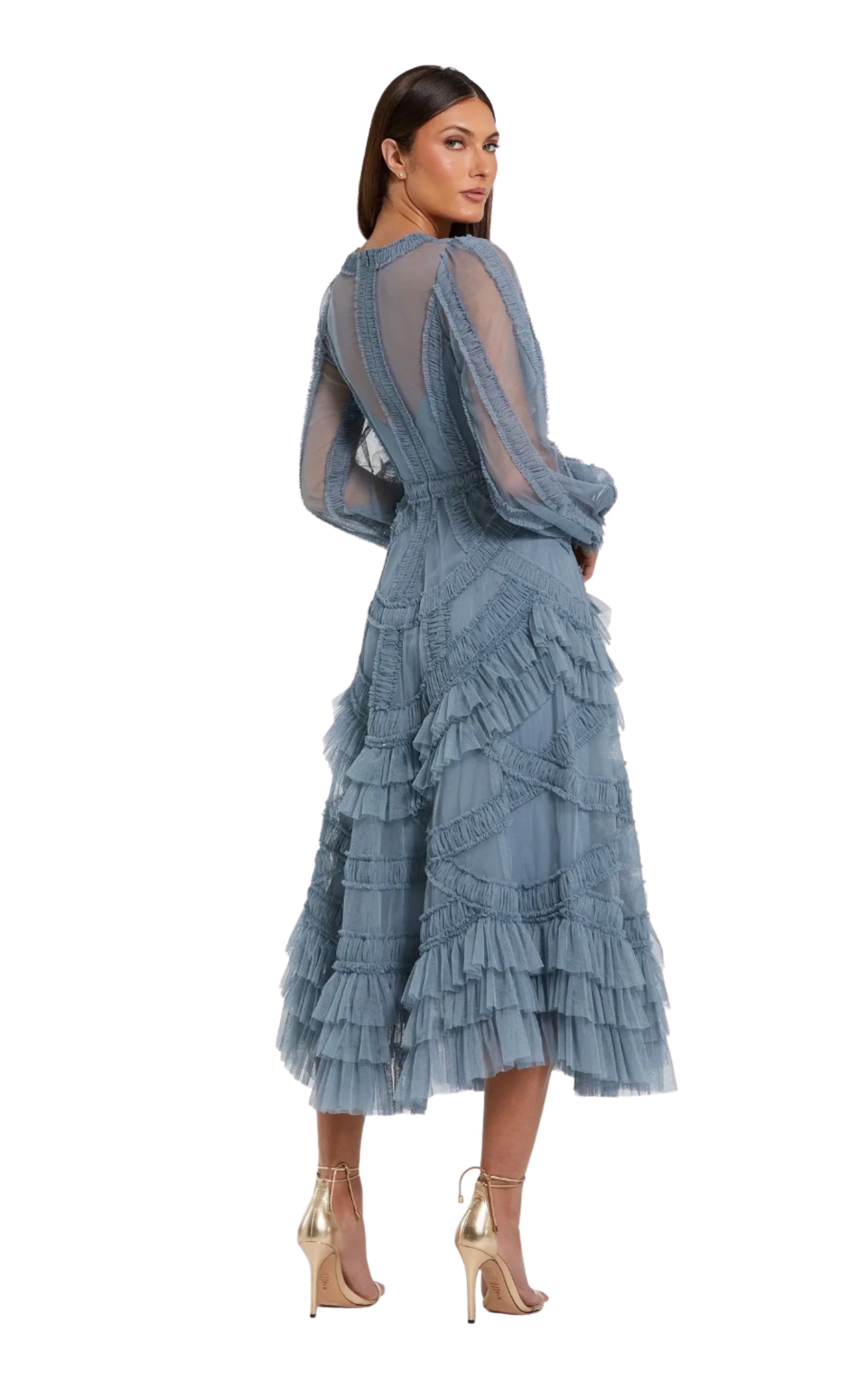 Blue Long Sleeve V-Neck Micro Ruffle Midi Dress