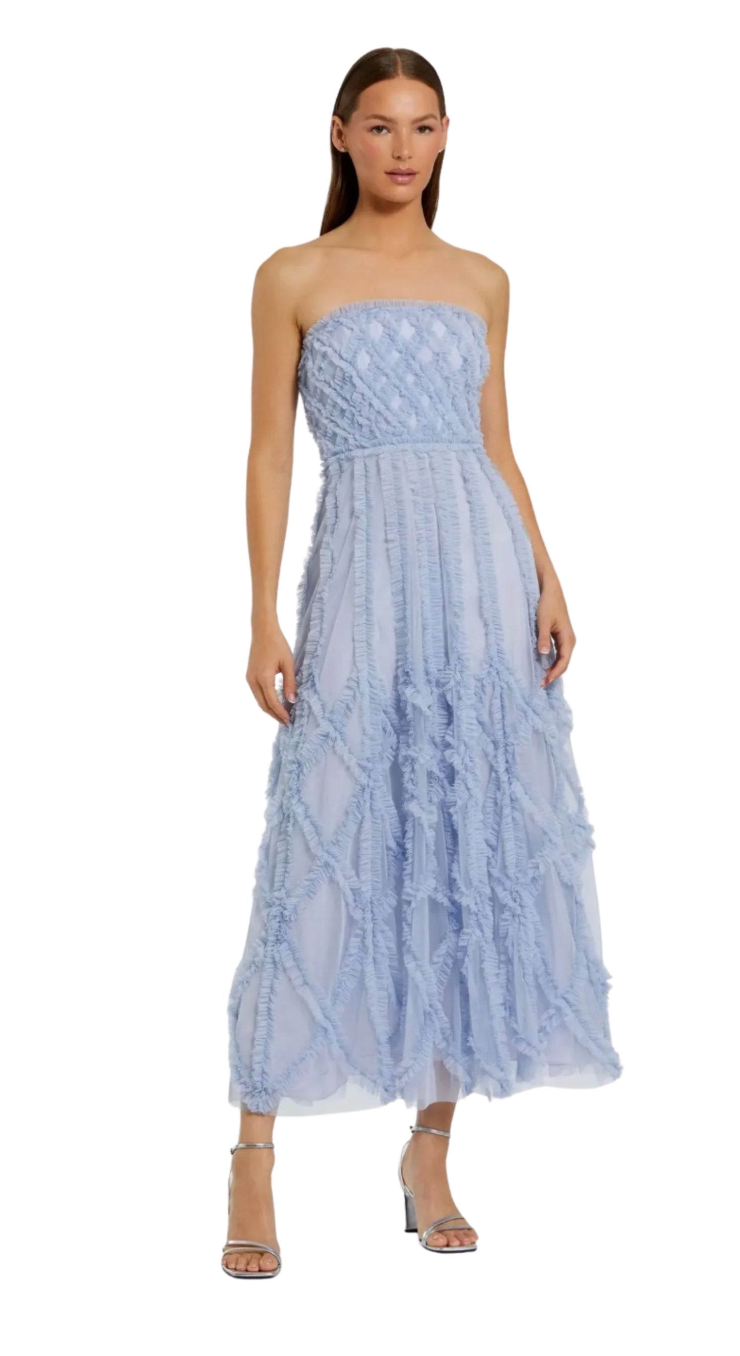 Blue Mesh Ruffle Strapless A-Line Midi Dress