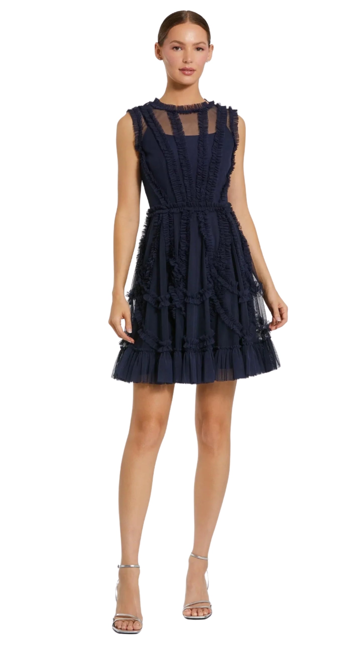 Navy High Neck Sleeveless Micro Ruffle Mini Dress