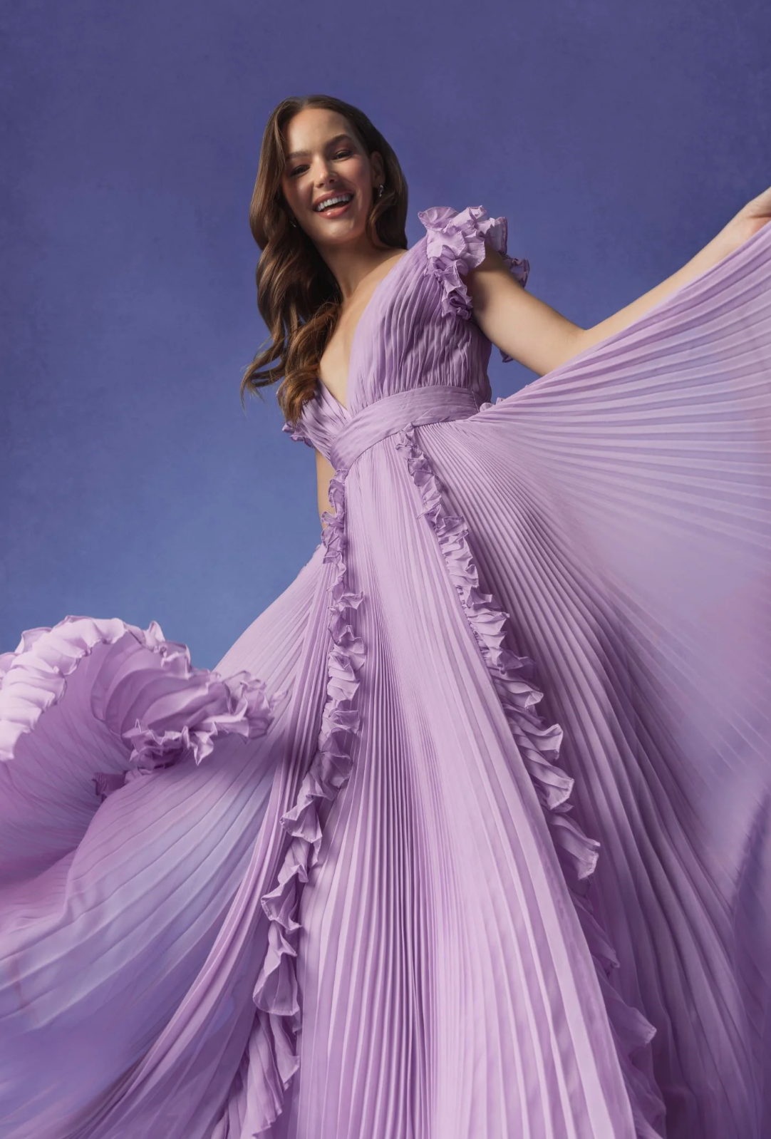 MAC DUGGAL - Purple Pleated Ruffle Flowy A Line Gown