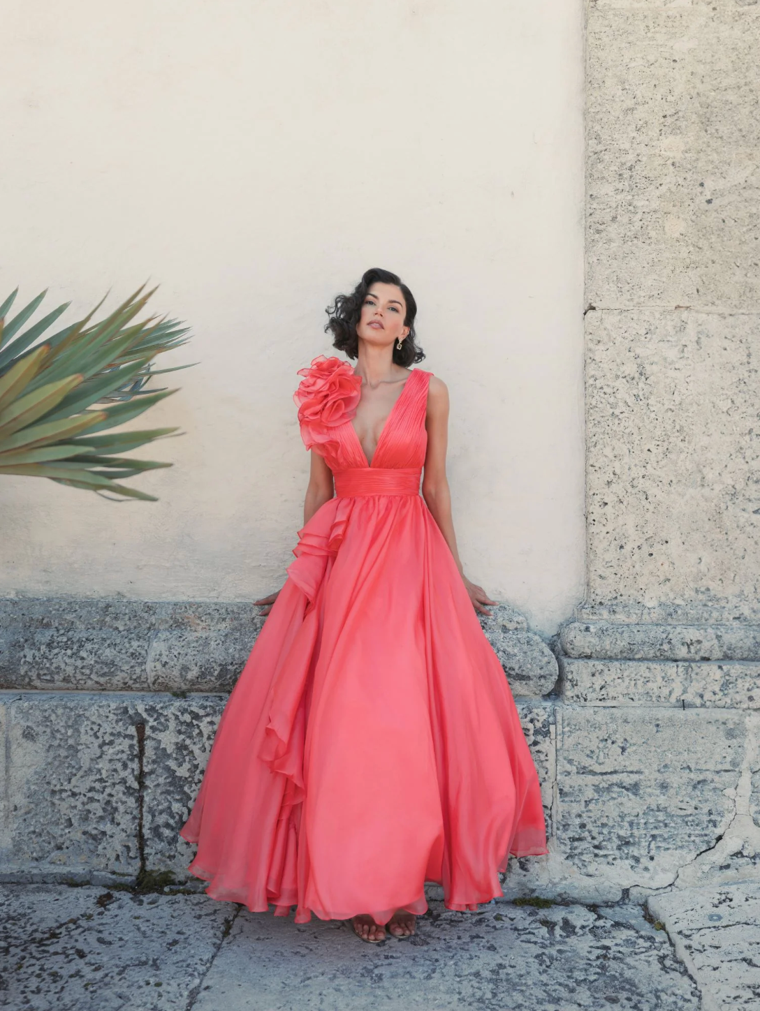 MAC DUGGAL - Coral Ruffle Shoulder Chiffon Gown