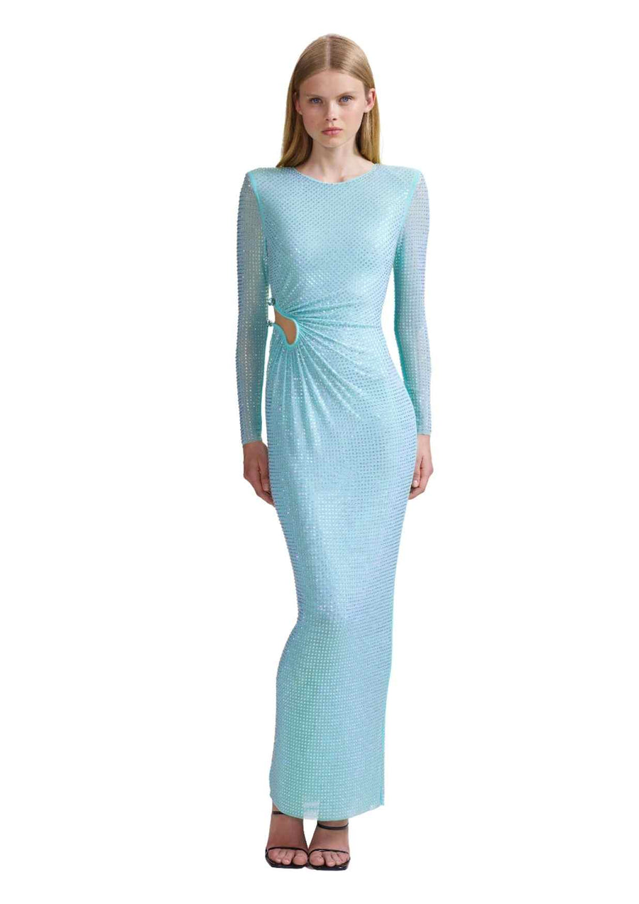 SELF-PORTRAIT - Pale Blue Rhinestone Mesh Maxi Dress